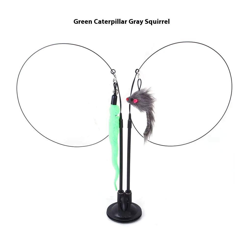 “Interactive cat teaser toy with suction cup base featuring gray squirrel and green caterpillar attachments for active play.”