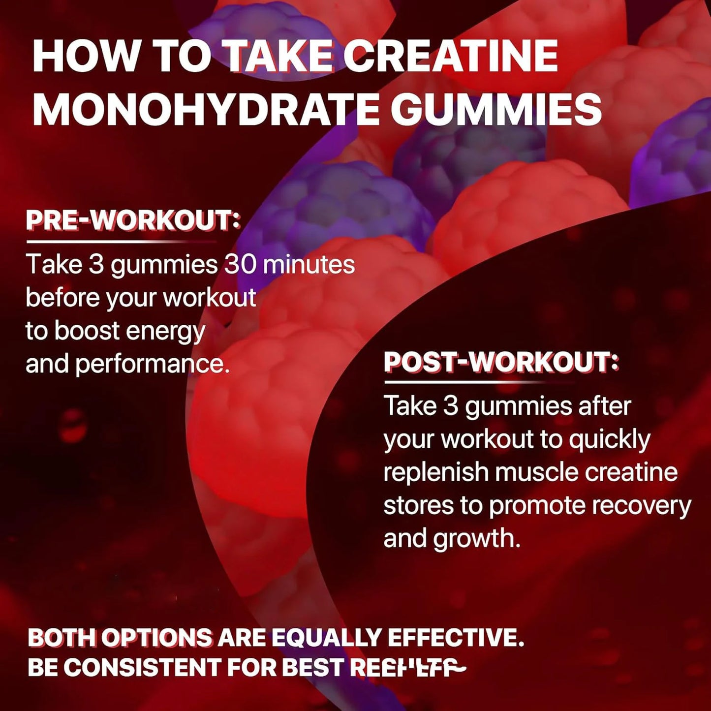 “Creatine monohydrate fitness gummies in a supplement jar surrounded by mixed berries, promoting muscle energy, endurance, and recovery.”