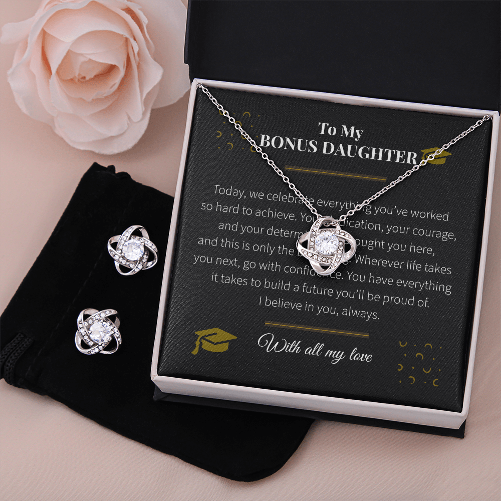 To My Bonus Daughter – Love Knot Necklace & Earring Set | Graduation Gift of Love, Pride & Encouragement