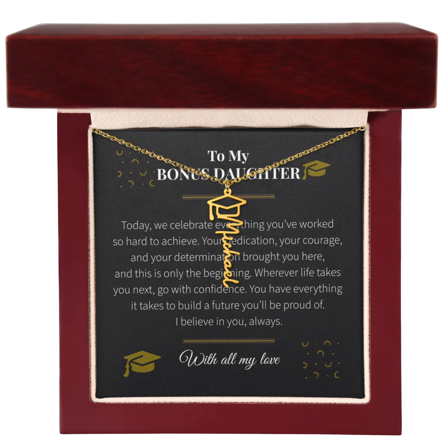Custom Name Necklace – Graduation Cap Edition | Personalized Graduation Gift for Bonus Daughter