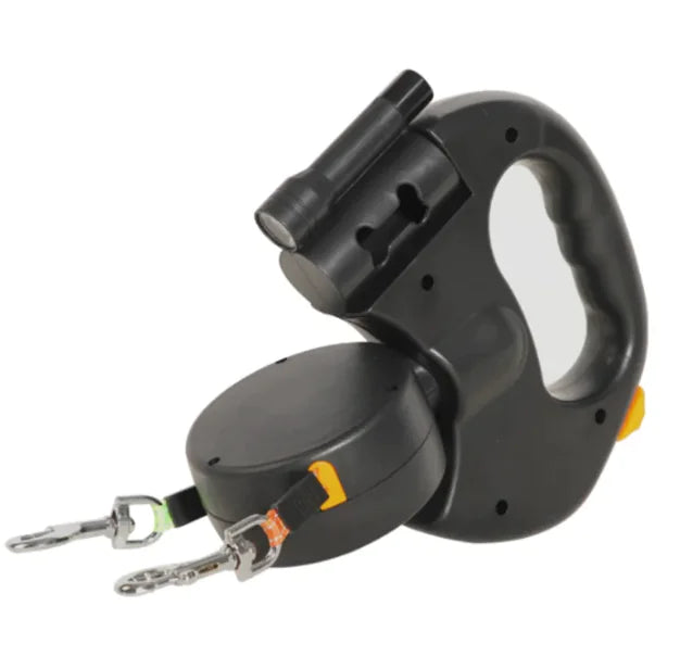 “Dual retractable dog leash with ergonomic handle, built‑in LED light, and color‑coded tangle‑free lines for walking two dogs safely.”