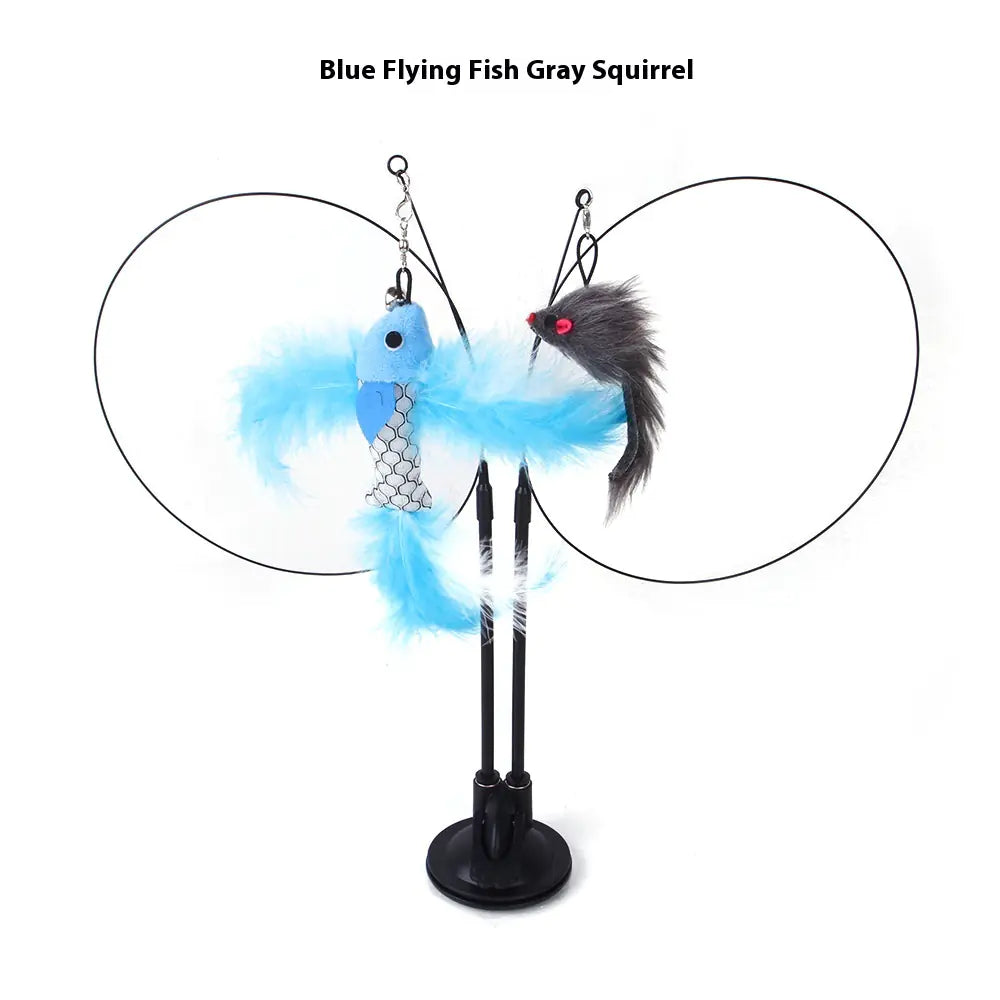 “Interactive cat teaser toy with suction cup base featuring blue Flying Fish and Gray Squirrel attachments for active play.”