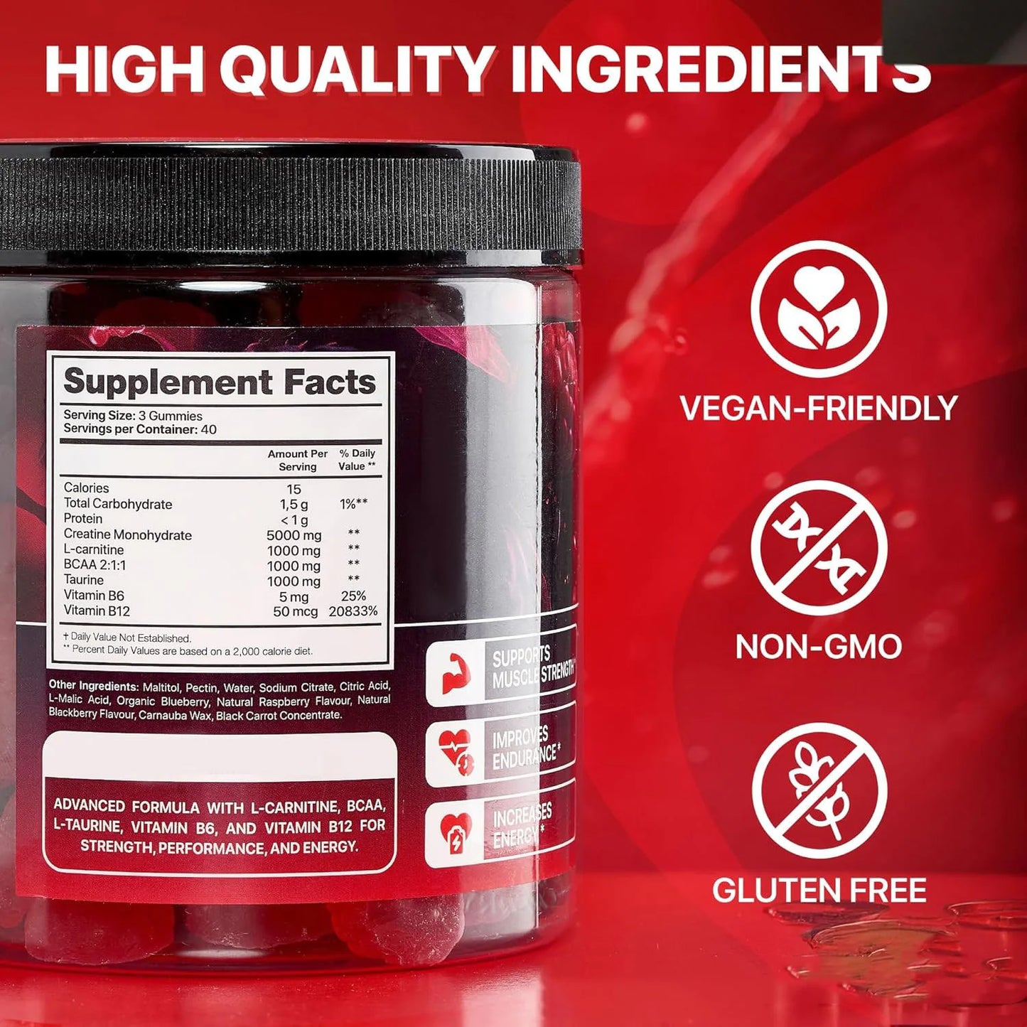 “Creatine monohydrate fitness gummies in a supplement jar surrounded by mixed berries, promoting muscle energy, endurance, and recovery.”