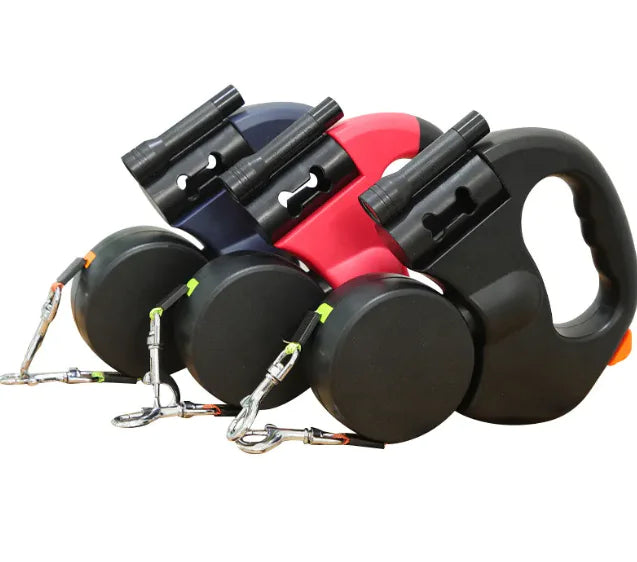 “Dual retractable dog leash with ergonomic handle, built‑in LED light, and color‑coded tangle‑free lines for walking two dogs safely.”