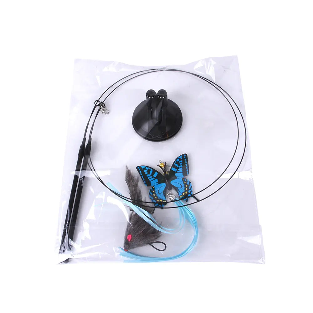 “Interactive cat teaser toy with suction cup base featuring blue butterfly and gray squirrel attachments for active play.”
