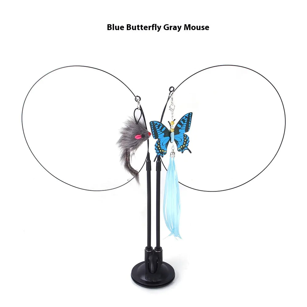 “Interactive cat teaser toy with suction cup base featuring blue butterfly and Gray Mouse attachments for active play.”