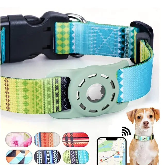 “Digital‑print pet collar with built‑in Air Tag holder, adjustable design, and multiple colorful pattern options for dog tracking.”