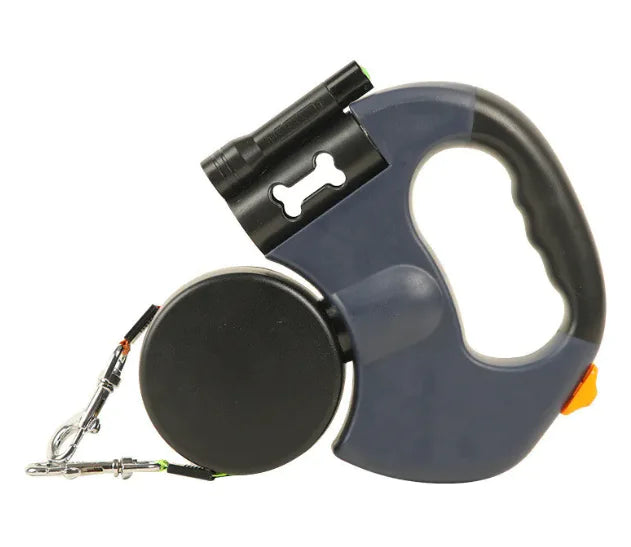 “Dual retractable dog leash with ergonomic handle, built‑in LED light, and color‑coded tangle‑free lines for walking two dogs safely.”