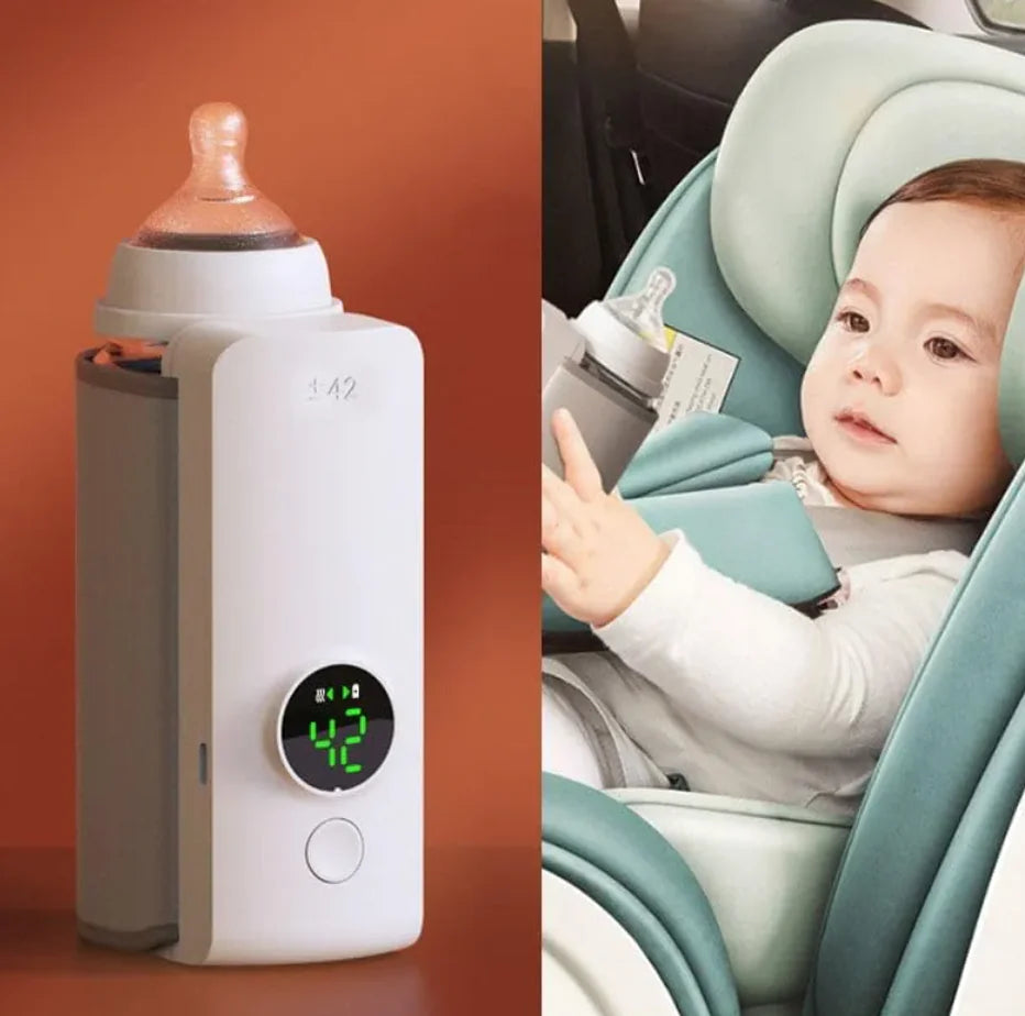 “Portable wireless baby bottle warmer with digital temperature display and adjustable heating sleeve for keeping milk warm on the go.”