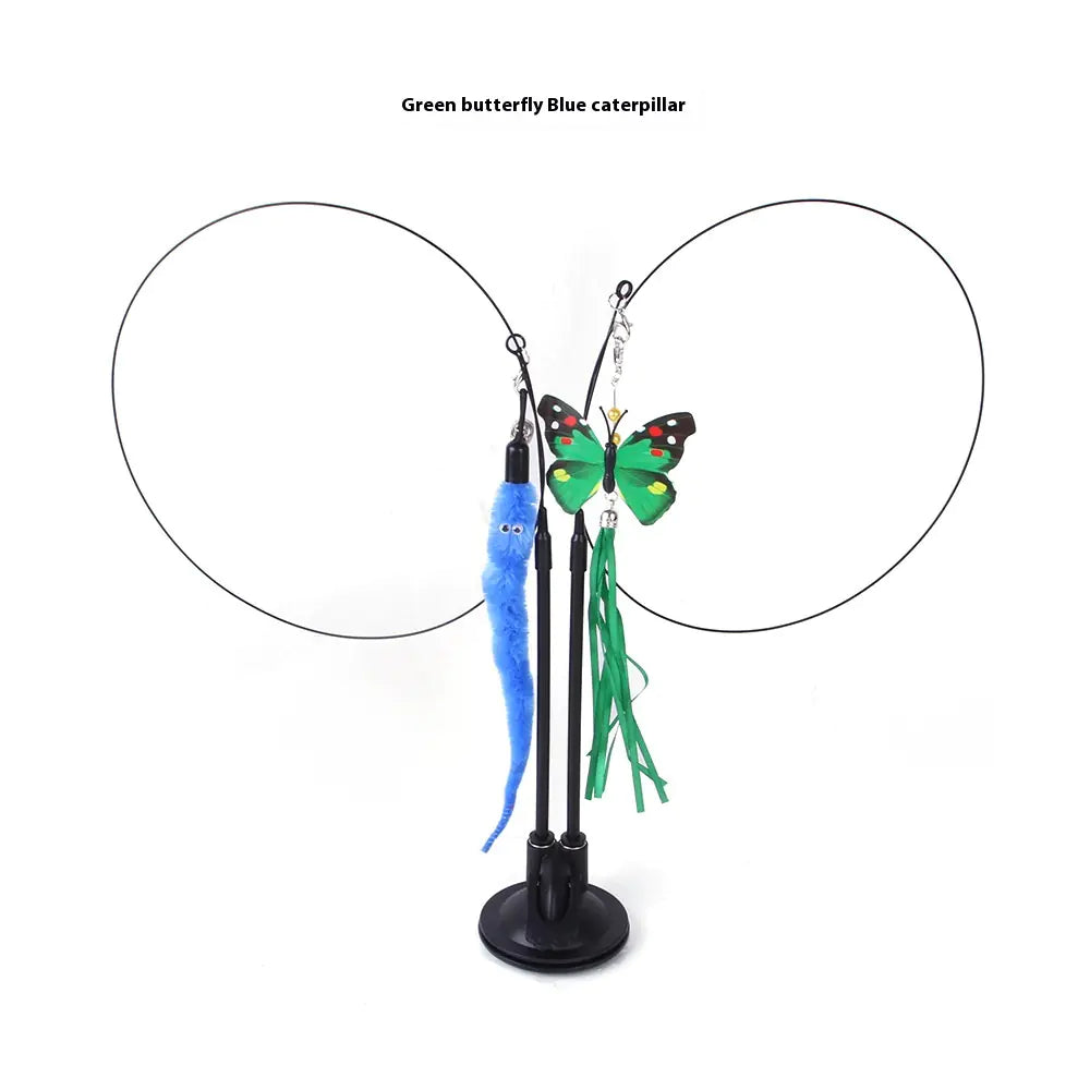 “Interactive cat teaser toy with suction cup base featuring green butterfly and blue caterpillar attachments for active play.”