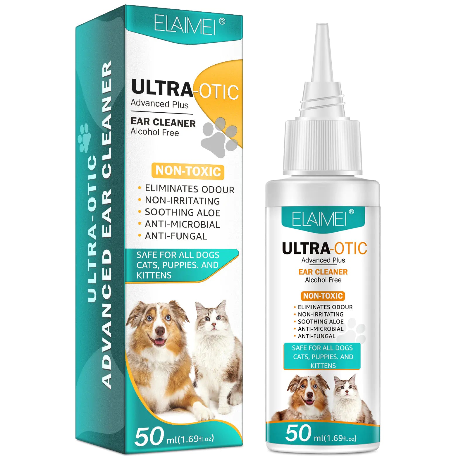 “Pet ear cleaner 50ml bottle and box for dogs and cats, alcohol‑free formula with soothing aloe to remove wax, dirt, and odor for gentle ear hygiene.”