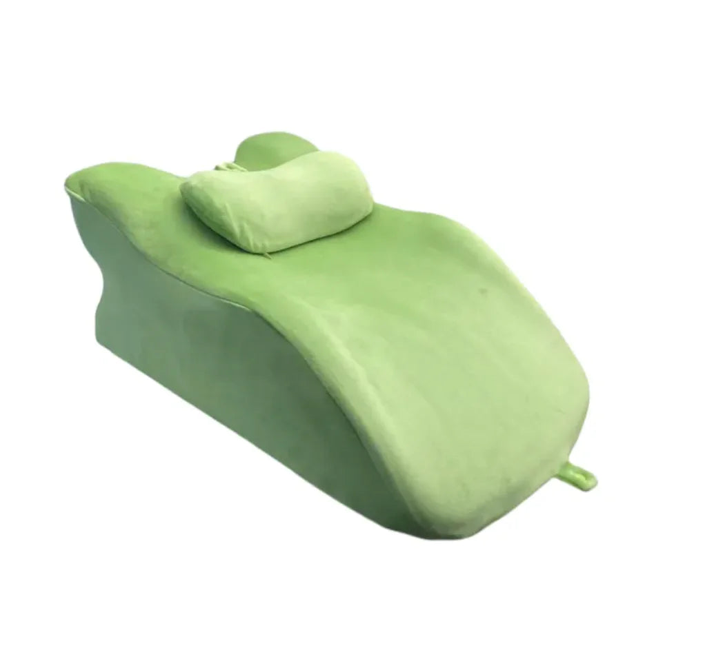 “Ergonomic prone‑position comfort pillow with contoured support and removable headrest, designed for stomach sleeping and face‑down relaxation.”
