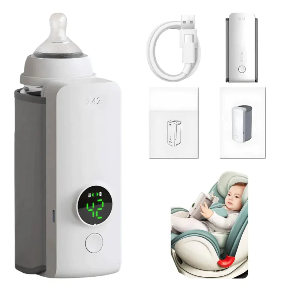 “Portable wireless baby bottle warmer with digital temperature display and adjustable heating sleeve for keeping milk warm on the go.”