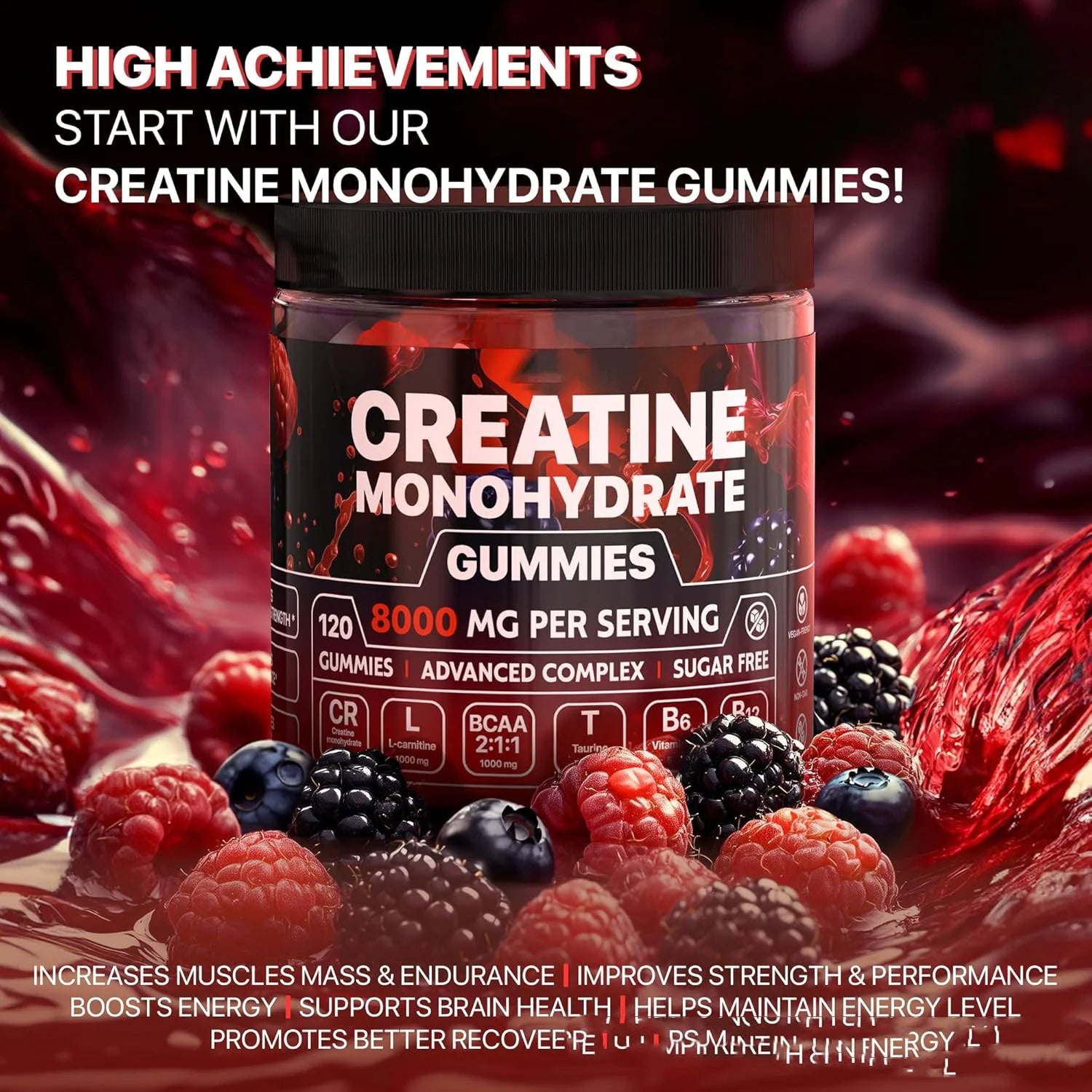 “Creatine monohydrate fitness gummies in a supplement jar surrounded by mixed berries, promoting muscle energy, endurance, and recovery.”