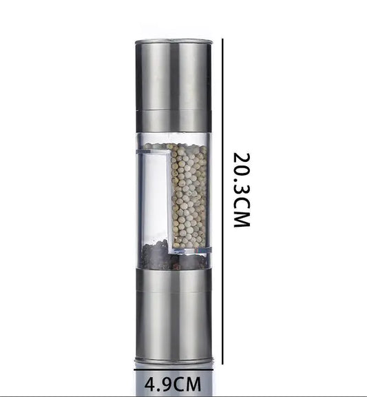“Stainless‑steel 2‑in‑1 pepper and spice grinder with clear center chamber and dual grinding heads, sleek cylindrical design.”
