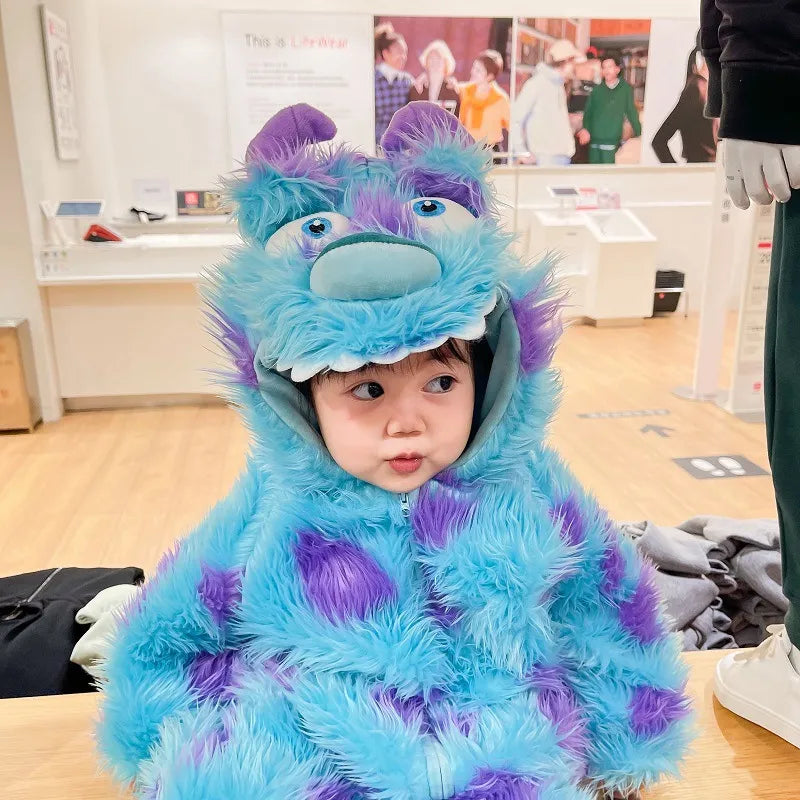 “Fluffy hooded animal‑themed baby jumpsuit with zipper closure, soft, thick fabric, and full‑body cozy design for autumn and winter wear.”