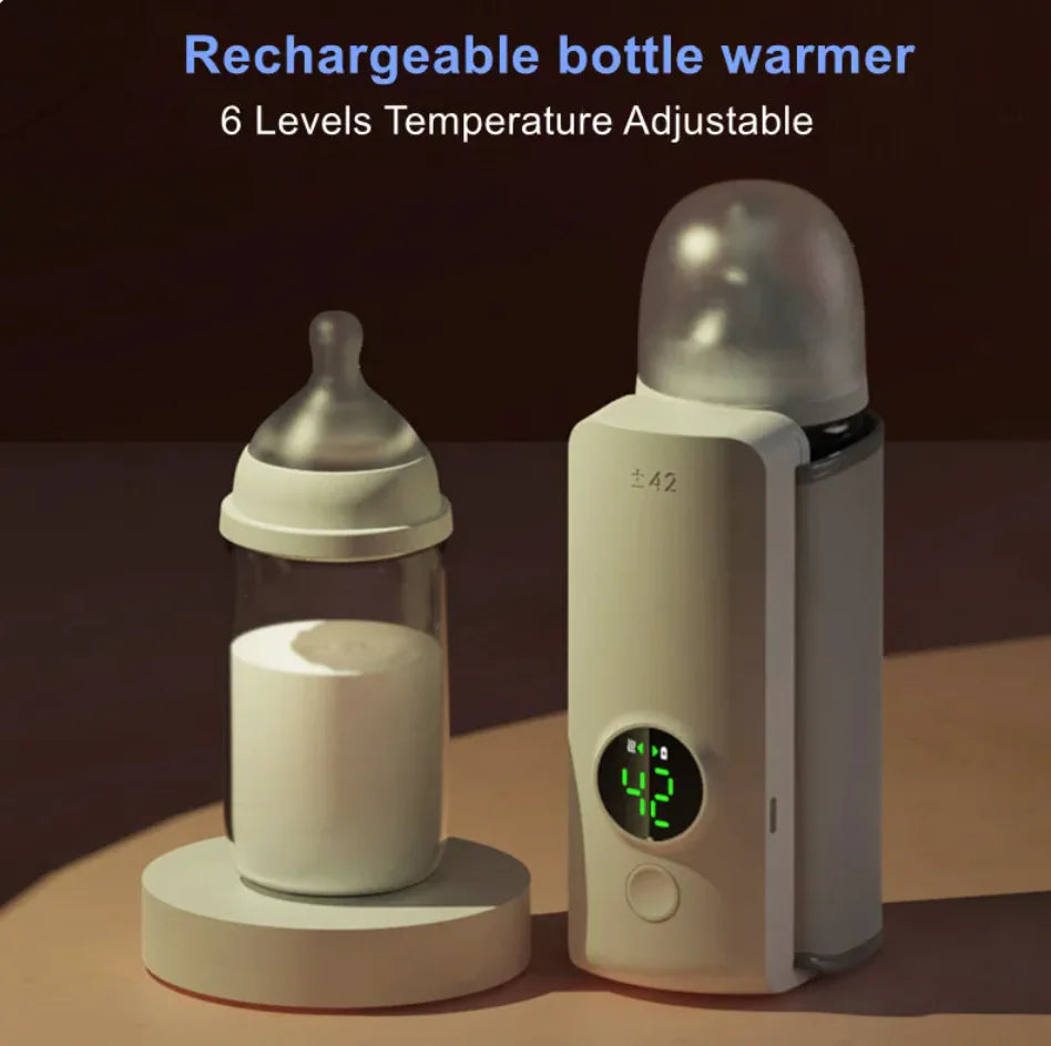 “Portable wireless baby bottle warmer with digital temperature display and adjustable heating sleeve for keeping milk warm on the go.”