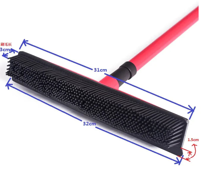 “Pet hair removal broom with rubber bristles and long handle, designed for lifting fur from carpets and floors with a washable, easy‑clean head.”