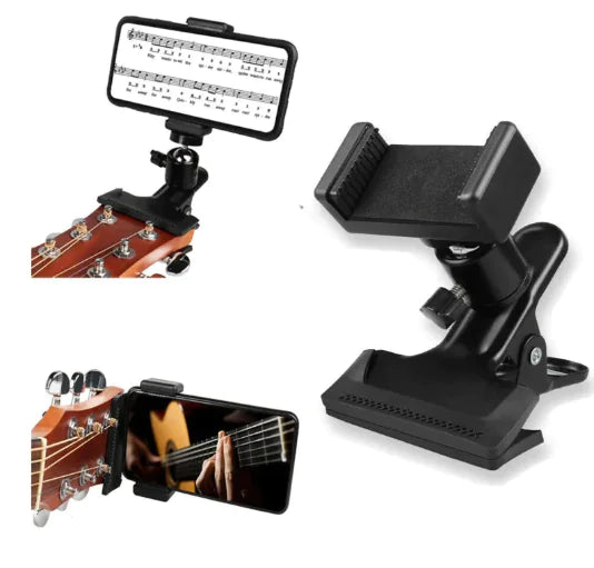 “Adjustable phone clip stand mounted on a guitar headstock, providing a secure hands‑free setup for recording, streaming, and practice.”