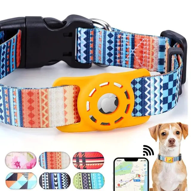 “Digital‑print pet collar with built‑in Air Tag holder, adjustable design, and multiple colorful pattern options for dog tracking.”