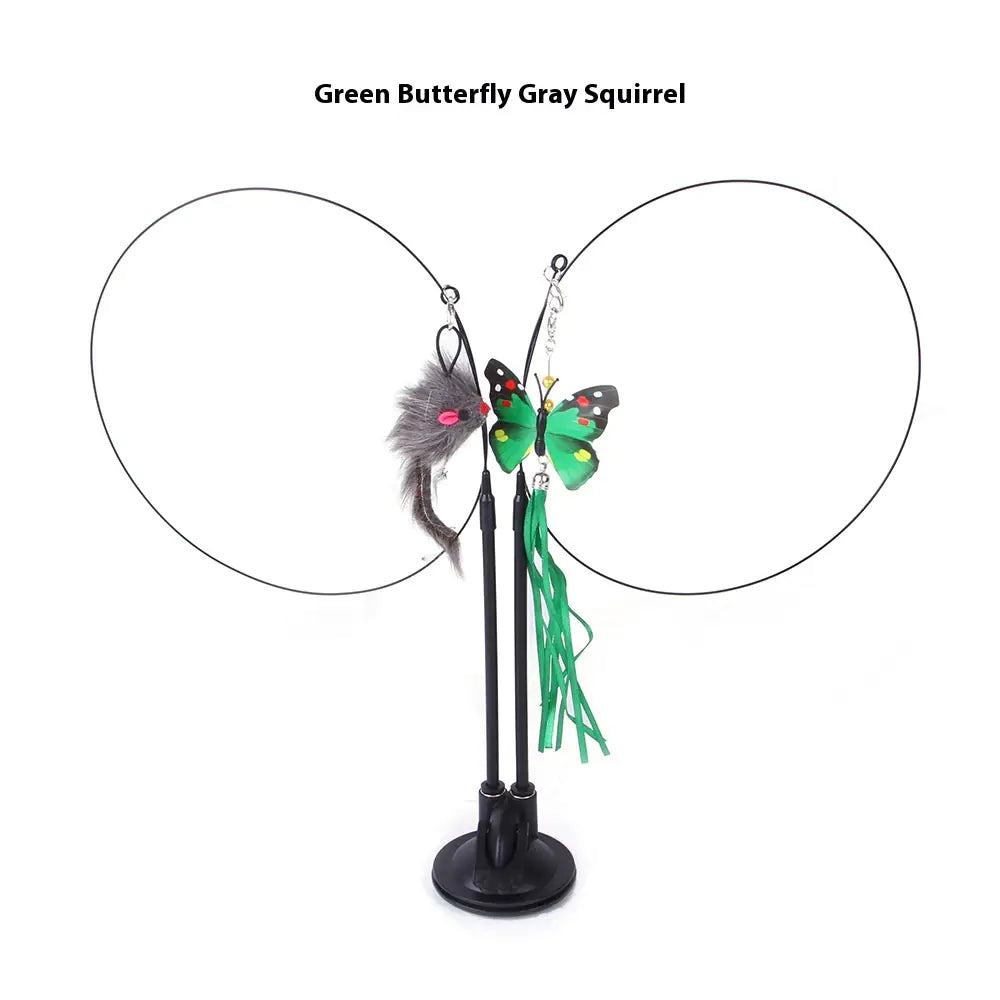 “Interactive cat teaser toy with suction cup base featuring green butterfly and gray squirrel attachments for active play.”