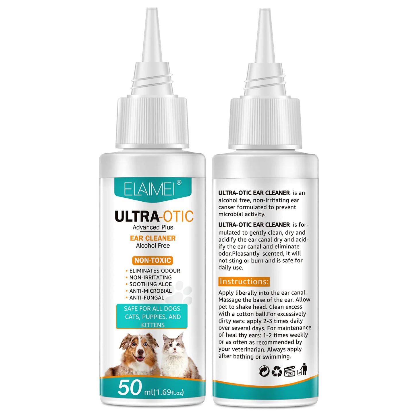 “Pet ear cleaner 50ml bottle and box for dogs and cats, alcohol‑free formula with soothing aloe to remove wax, dirt, and odor for gentle ear hygiene.”