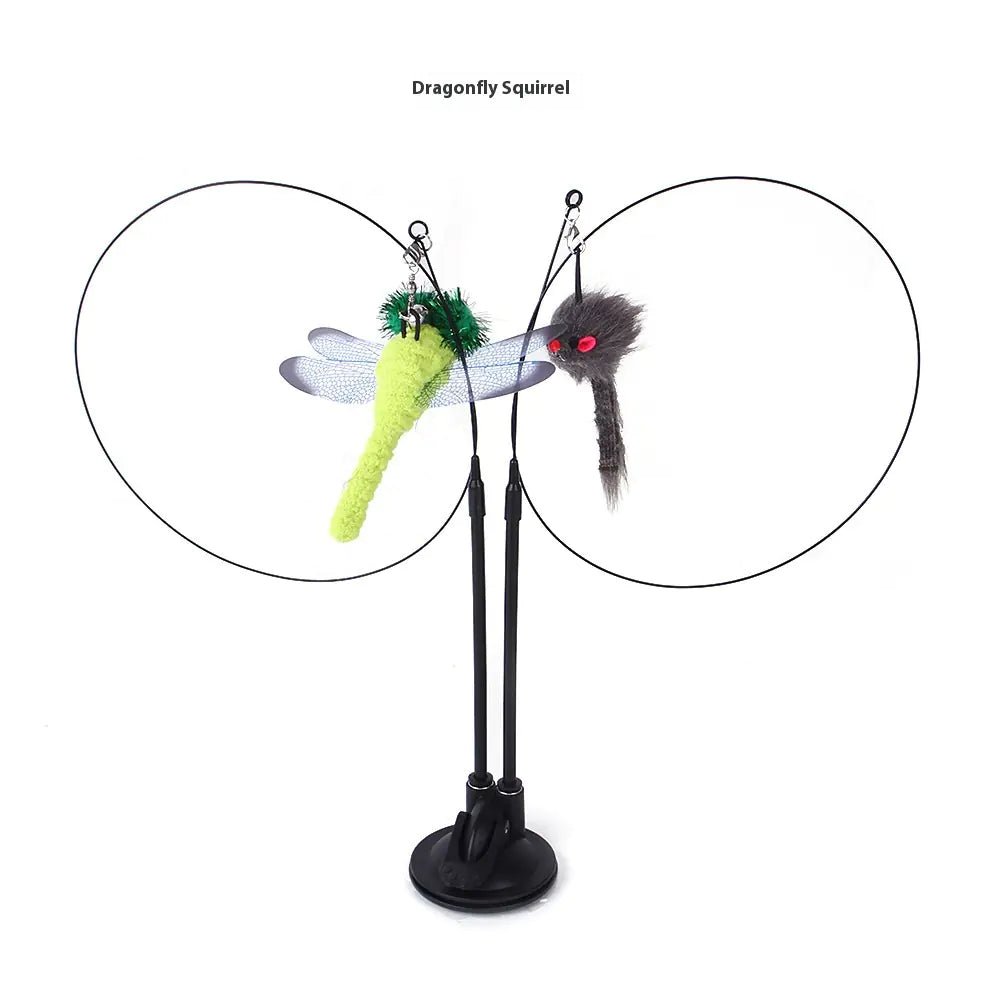 “Interactive cat teaser toy with suction cup base featuring dragonfly and squirrel attachments for active play.”