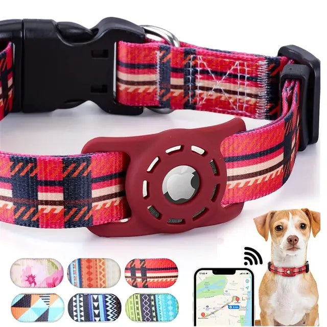 “Digital‑print pet collar with built‑in Air Tag holder, adjustable design, and multiple colorful pattern options for dog tracking.”