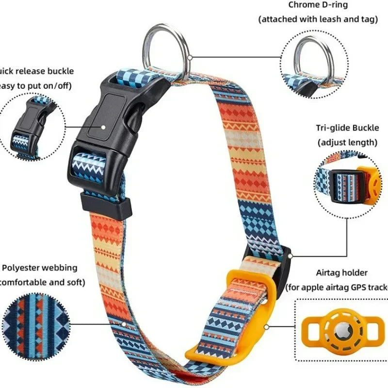 “Digital‑print pet collar with built‑in Air Tag holder, adjustable design, and multiple colorful pattern options for dog tracking.”