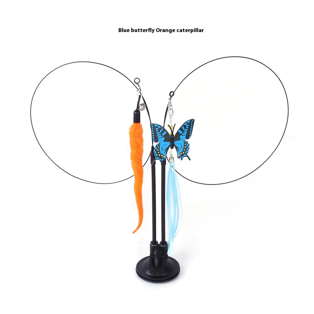 “Interactive cat teaser toy with suction cup base featuring blue butterfly and orange caterpillar attachments for active play.”