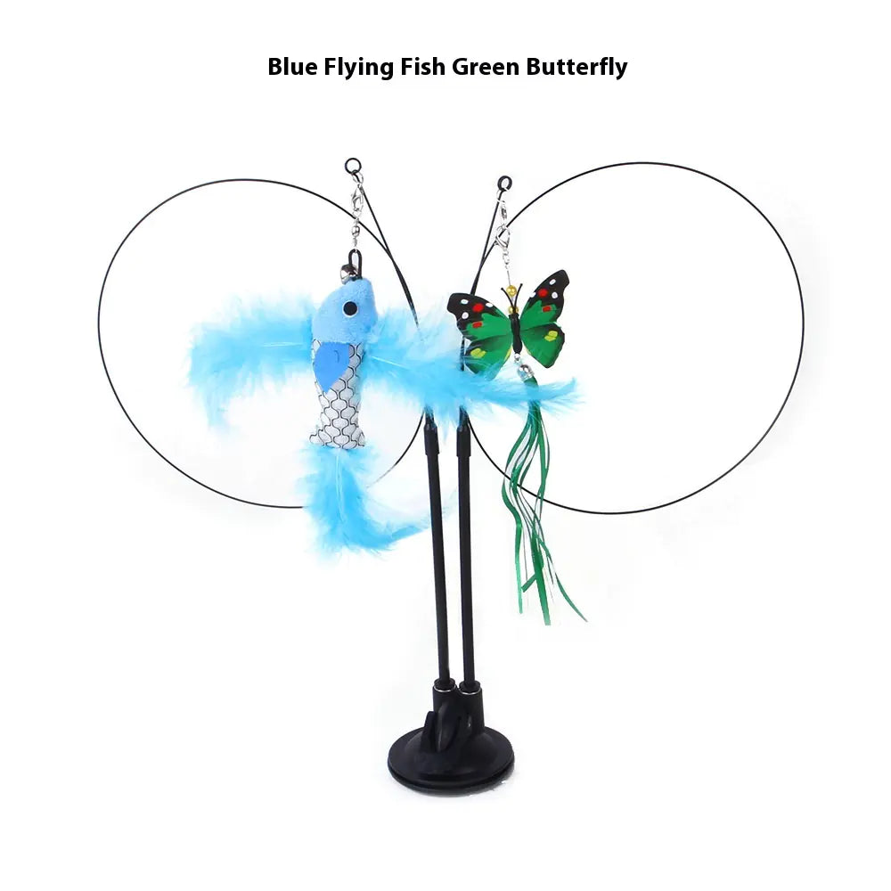 “Interactive cat teaser toy with suction cup base featuring blue flying fish and green butterfly attachments for active play.”