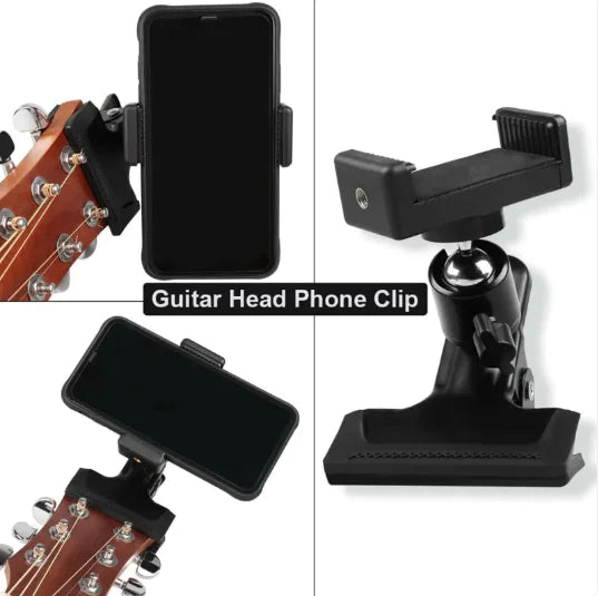 “Adjustable phone clip stand mounted on a guitar headstock, providing a secure hands‑free setup for recording, streaming, and practice.”
