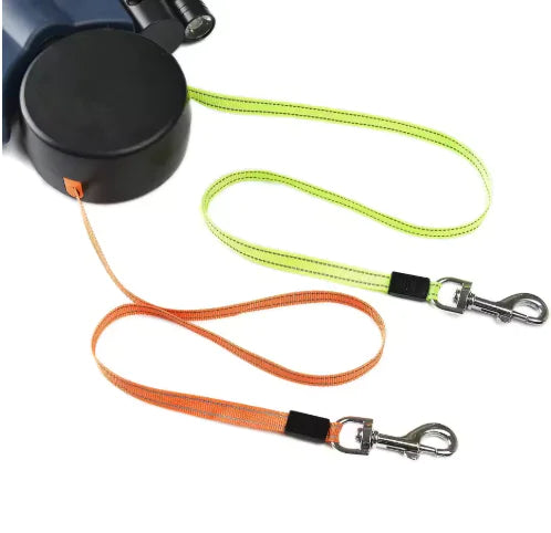 “Dual retractable dog leash with ergonomic handle, built‑in LED light, and color‑coded tangle‑free lines for walking two dogs safely.”