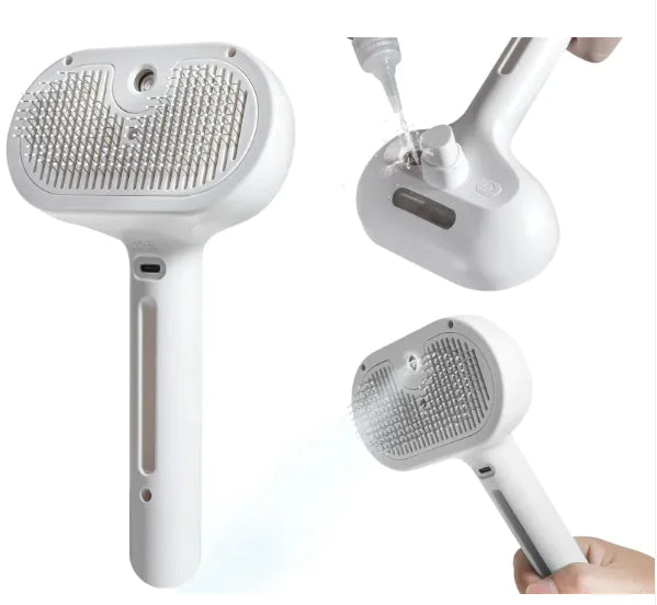 “Pet grooming spray brush with fine metal bristles and built‑in refillable water tank for reducing loose fur on cats and dogs.”