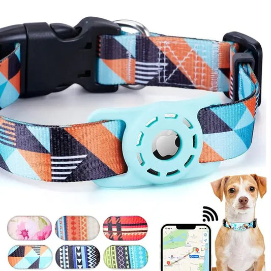 “Digital‑print pet collar with built‑in Air Tag holder, adjustable design, and multiple colorful pattern options for dog tracking.”