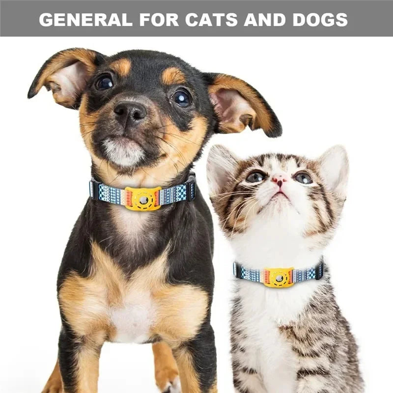 “Digital‑print pet collar with built‑in Air Tag holder, adjustable design, and multiple colorful pattern options for dog tracking.”