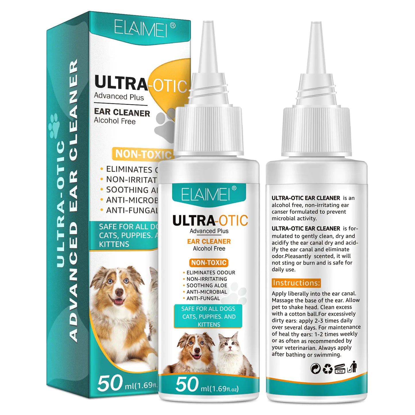“Pet ear cleaner 50ml bottle and box for dogs and cats, alcohol‑free formula with soothing aloe to remove wax, dirt, and odor for gentle ear hygiene.”