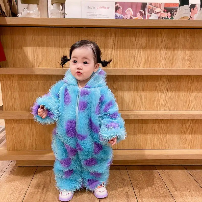 “Fluffy hooded animal‑themed baby jumpsuit with zipper closure, soft, thick fabric, and full‑body cozy design for autumn and winter wear.”
