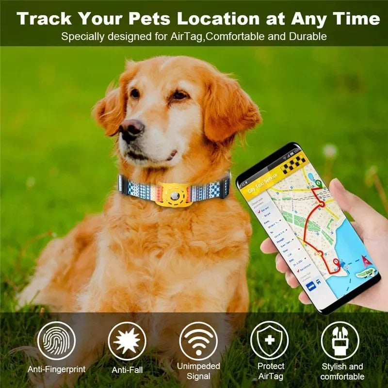 “Digital‑print pet collar with built‑in Air Tag holder, adjustable design, and multiple colorful pattern options for dog tracking.”