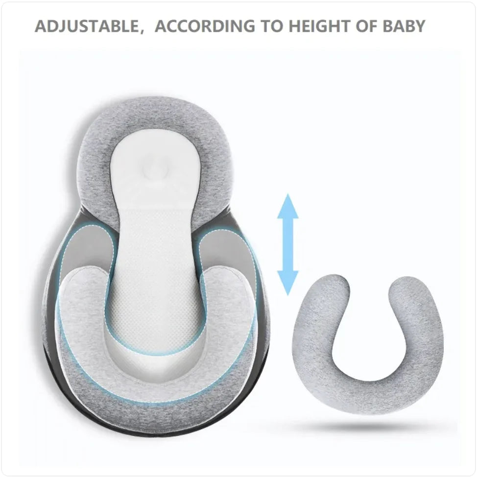 “Adjustable baby anti‑spit‑up pillow with memory‑foam support and repositionable cushion, designed with a gentle incline to aid digestion and comfort.”