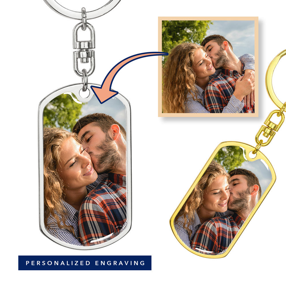“Personalized dog tag keychain with custom photo on message card reading ‘To Our Son’ from Mom and Dad, displayed in gift box.”