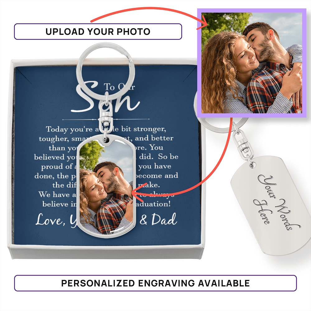 “Personalized dog tag keychain with custom photo on message card reading ‘To Our Son’ from Mom and Dad, displayed in gift box.”