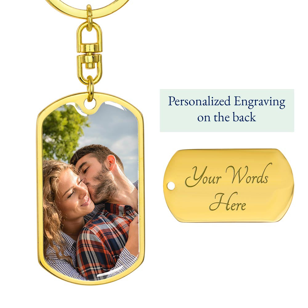 “Personalized dog tag keychain with custom photo on message card reading ‘To Our Son’ from Mom and Dad, displayed in gift box.”