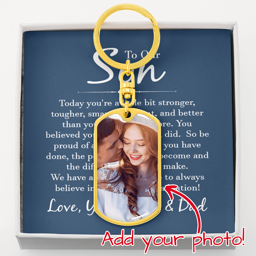 “Personalized dog tag keychain with custom photo on message card reading ‘To Our Son’ from Mom and Dad, displayed in gift box.”