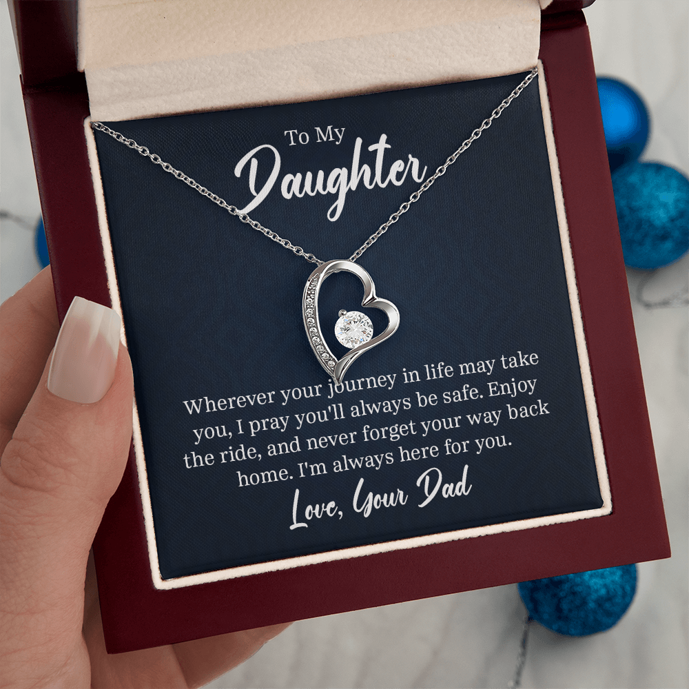 “Forever Love Necklace with heart‑shaped pendant and center stone displayed in gift box with ‘To My Daughter’ message card from Dad.”