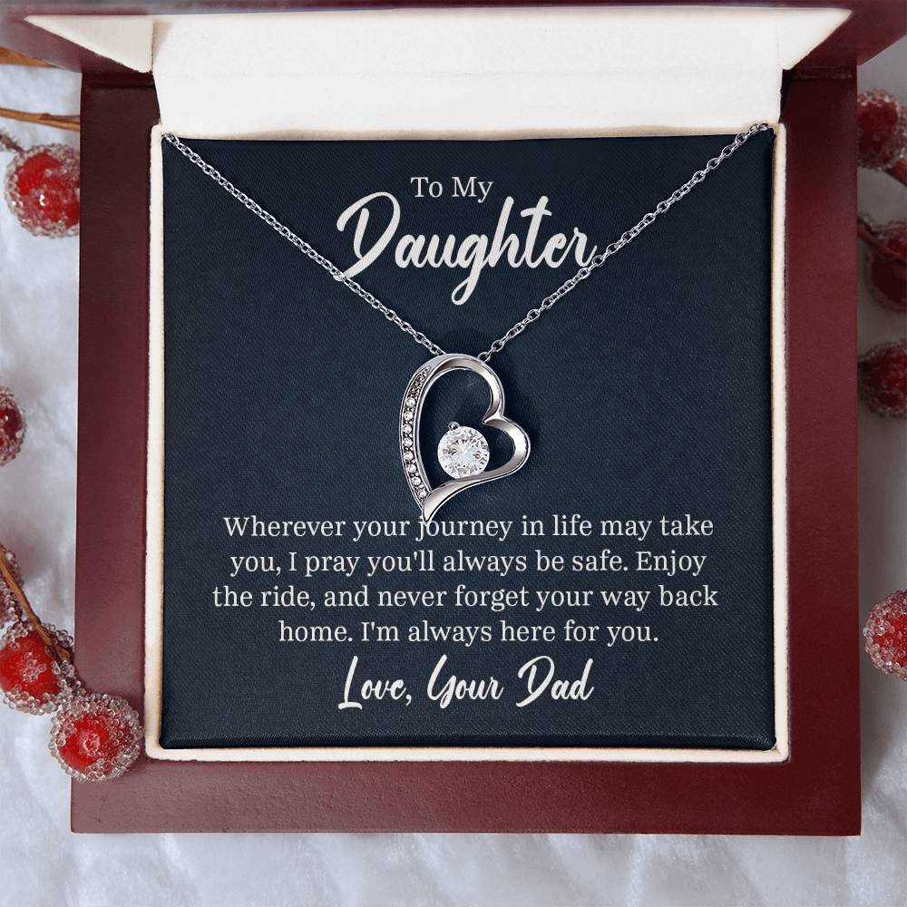 “Forever Love Necklace with heart‑shaped pendant and center stone displayed in gift box with ‘To My Daughter’ message card from Dad.”