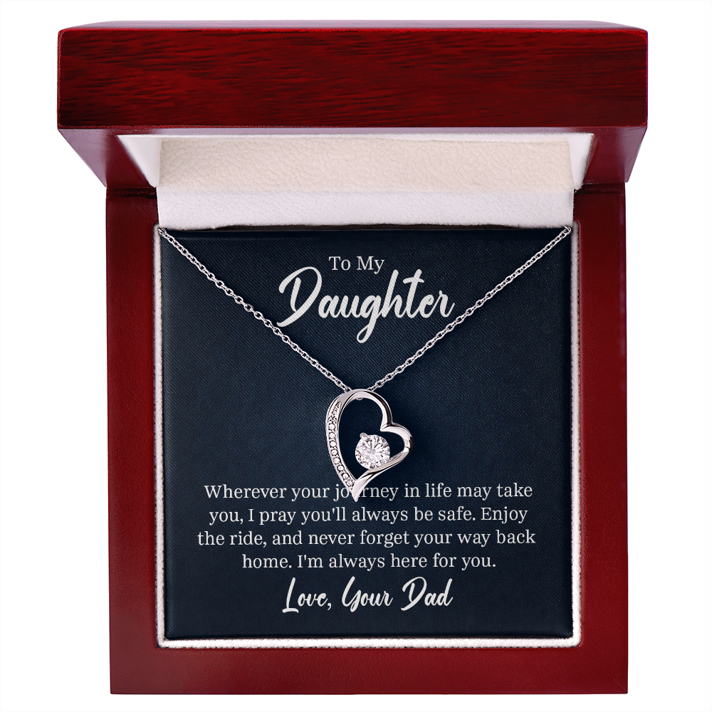 “Forever Love Necklace with heart‑shaped pendant and center stone displayed in gift box with ‘To My Daughter’ message card from Dad.”