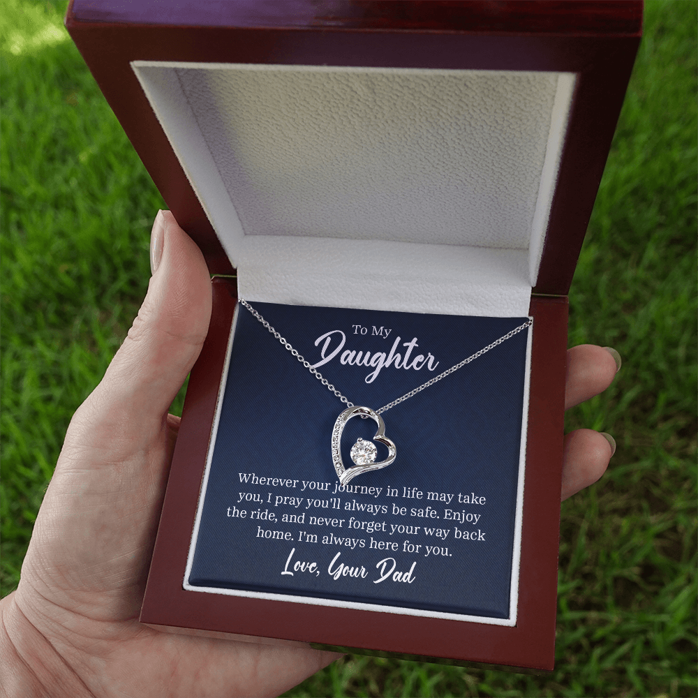 “Forever Love Necklace with heart‑shaped pendant and center stone displayed in gift box with ‘To My Daughter’ message card from Dad.”