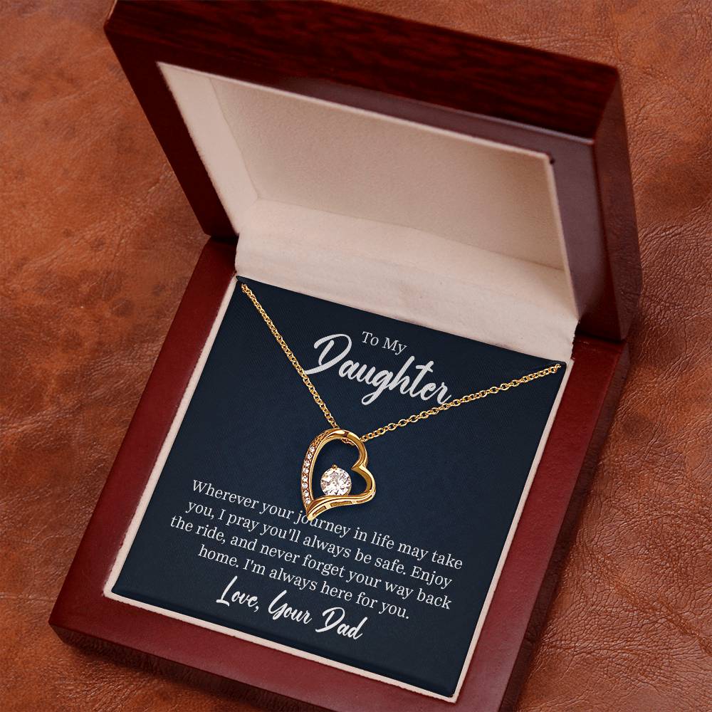 “Forever Love Necklace with heart‑shaped pendant and center stone displayed in gift box with ‘To My Daughter’ message card from Dad.”
