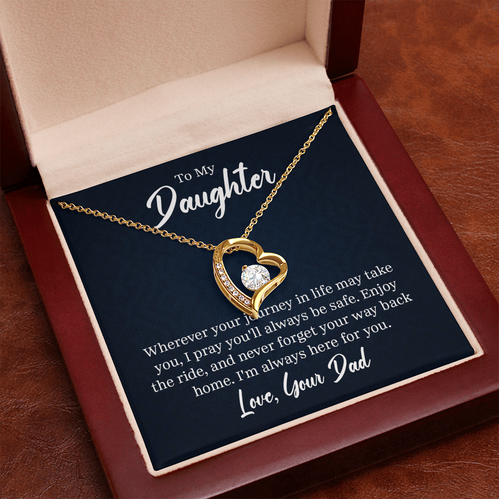 “Forever Love Necklace with heart‑shaped pendant and center stone displayed in gift box with ‘To My Daughter’ message card from Dad.”